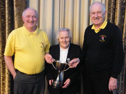 Terry O'Keeffe & Joe Kirby  Glounthaune  winners Over 70's Pairs receiving cup from Hazel Payne