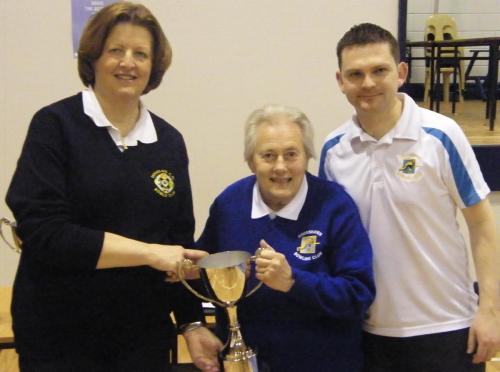 Sheila O'Driscoll ( DCS ) Winner of Crosshaven Ladies Singles being presented with the Cup by Hazel Payne