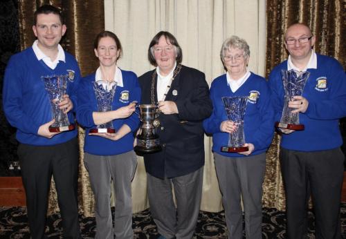 Mary Middleton, Grainne Murphy, Keith Middleton & Conor Middleton Crosshaven National Fours Winners receiving cup from Hazel Foley